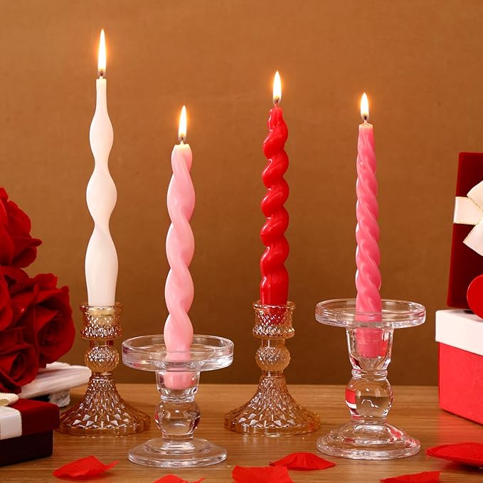 Nuanchu 4 Pcs Twisted Taper Candles Wax Unscented Smokeless Spiral Swirl Candlesticks for Wedding Holiday Dinner Party Home Decorations(7.87 Inch,Pure,Valentines Color)