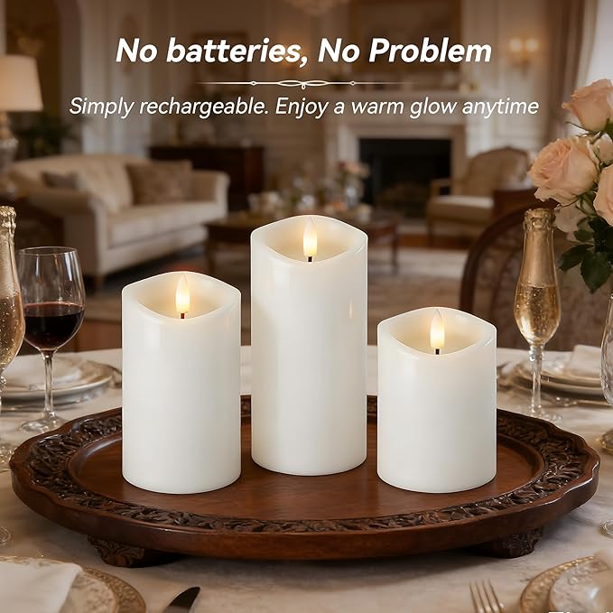 Rechargeable Flickering Flameless Candles Melted Edge Battery Operated with Remote and Timer, Real Wax LED USB Type-C Pillar Candles, Set of 3 (3" x 4",5",6"), White,Home Decor