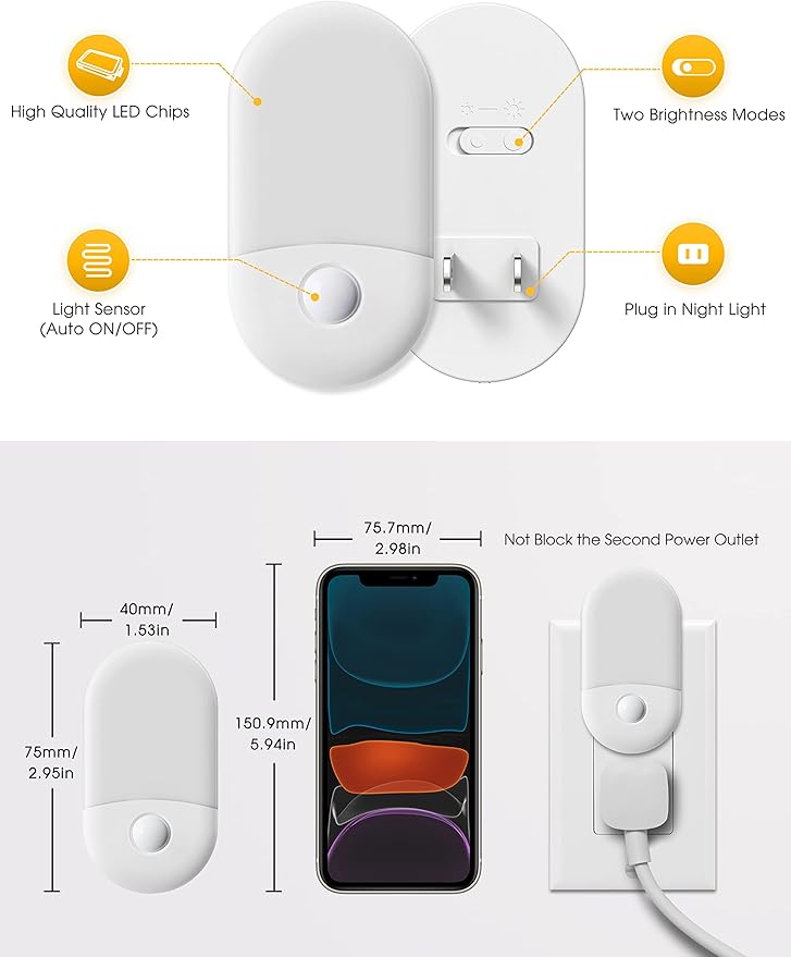 L LOHAS LED Amber Night Light, Night Lights Plug into Wall[2 Pack], 0.6W 2000K LED Night Light, Dusk to Dawn Sensor, 30/60LM Adjustable Brightness, Automatic Low Blue Nightlight for Kids, Bathroom