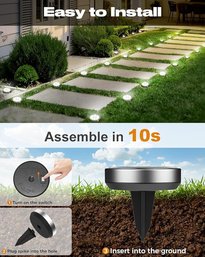 btfarm 24 Pack Solar Lights Outdoor, 8 LED Solar Ground Lights IP65 Waterproof Flat Solar Disc Light, Pathway Lights for Garden Lawn Patio Yard Path Landscape, Cool White