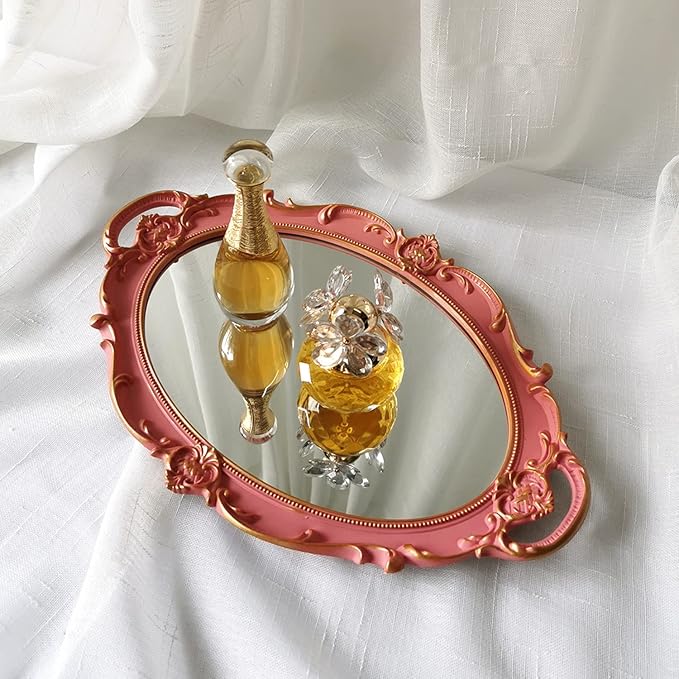 Oval Decorative Mirror Tray, French Style, Makeup Organizer, Jewelry Organizer, Serving Tray, 9.8"x 14.6", Golden Pink