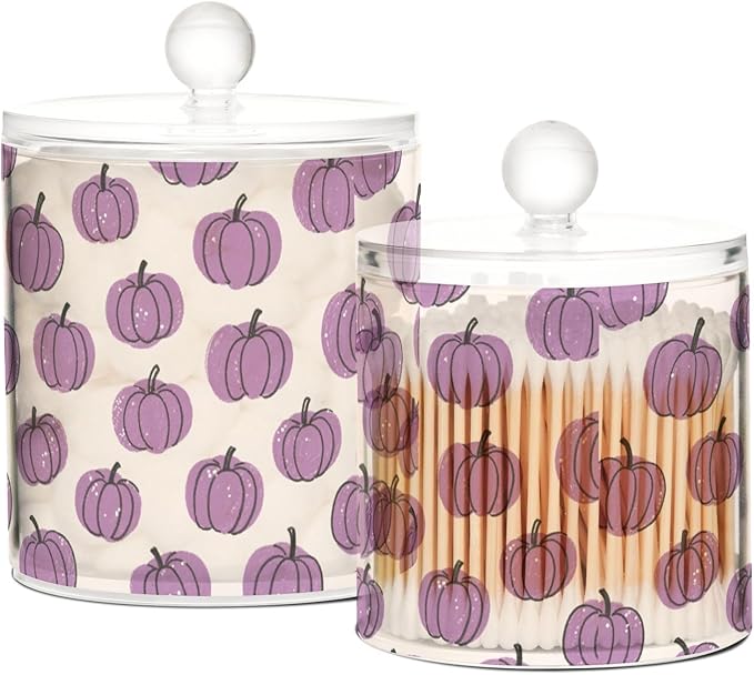 Fake Sequins Pumpkin Lavender Autumn Clear Plastic Makeup Organizer Storage with lid Pantry Essentials Decorative small storage bins for Cotton Swabs,Cotton Pads,Floss Picks,Paper Clips,Hair