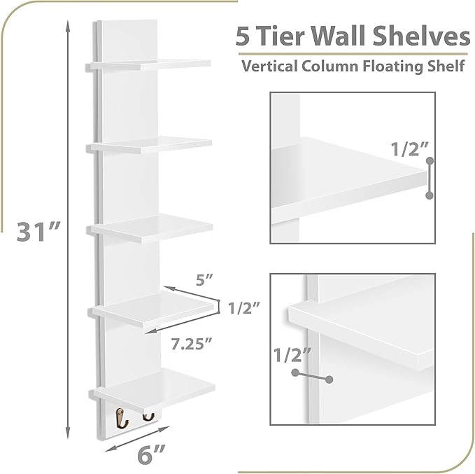 Sorbus 5 Tier Wall Shelf Unit with Hooks, Vertical Column Utility Shelving for Home Decor and Storage Organizer, Wall-Mounted Floating Shelves for Bathroom Storage, Bedroom, Living Room