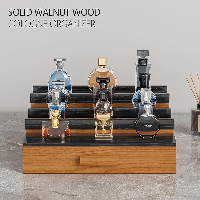 Solid Walnut Cologne Organizer for Men,4 Tier Cologne Stand Display Shelf with Hidden Storage and Drawer,Perfume Stand Organizer,Perfume Holder Great Gift for Men Father