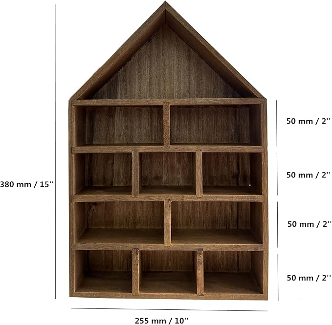TANG SONG 1 PC 11-Slot Wooden House-Shaped Mini Figures Cubby Box Display Shelf Organizer Storage Box (Dark Brown)
