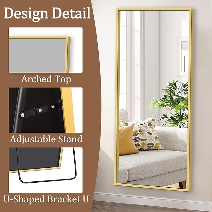 GlasFlength Full Body Mirror with Stand, 71" x 32" Full Length Mirror with Aluminum Alloy Frame Wall-Mounted/Leaning Against Wall/Floor Standing Mirror for Home Decor, Gold