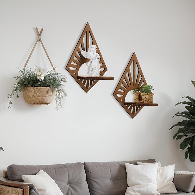 Menkxi 2 Pcs Boho Wall Shelf Mid Century Modern Shelf Wooden Rainbow Floating Shelves Brown Decorative Plant Wall Shelves Natural Vintage Hanging Holder for Nursery Living Room Decor(Diamond)