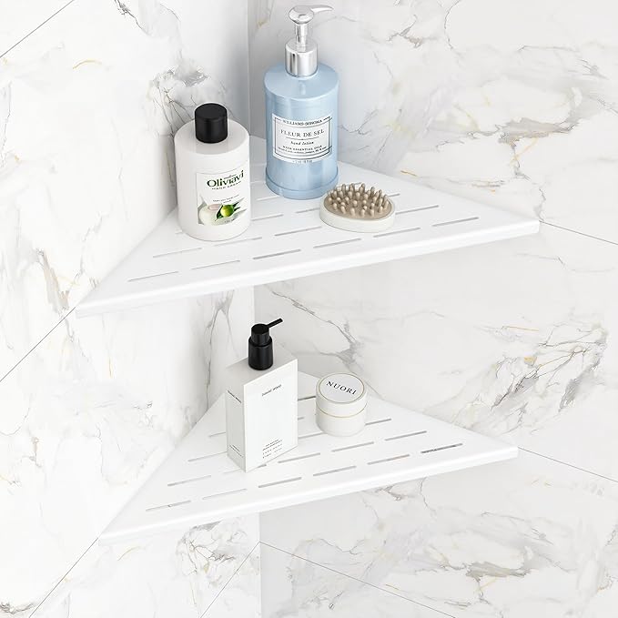 Qeke Corner Shower Shelves, 12” Recessed Tile Shower Shelf, 304 Stainless Steel Grout in Corner Tile Shower Shelves, No Drilling, Matte White, 2 Pack