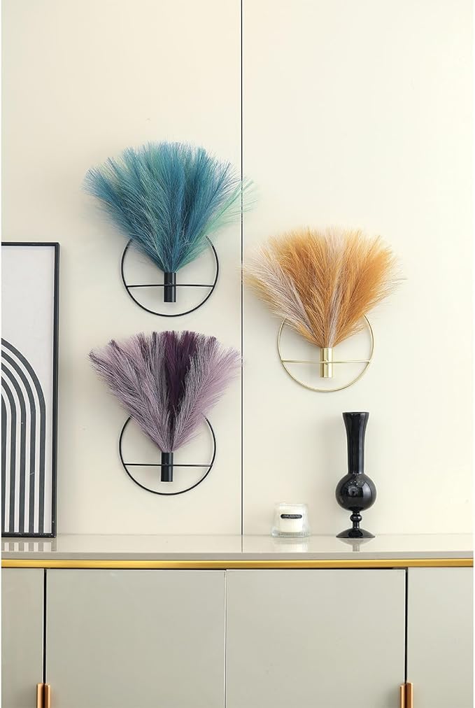 Pretty Jolly Boho Wall Art, Hanging Artificial Pampas Display, 2 Pack - Wall-Mounted Metal Wall Art for Living Room, Bedroom, Bathroom, Dining Room - Bright Blue, Green, Gold