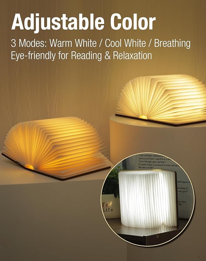 Wooden Book Lamp - Portable Folding LED Book Light for Reading, Unique Gift for Book Lovers, Magnetic Mood Lighting for Home&Library Decor (Maple)