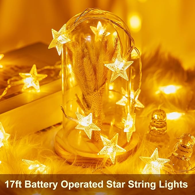 Minetom Star String Lights Battery Operated - 17 ft 50 LED Star Fairy String Lights with Timer, Waterproof for Indoor Bedroom Tent Loft Bed Patio Party Wedding Ramadan Decorations, Warm White