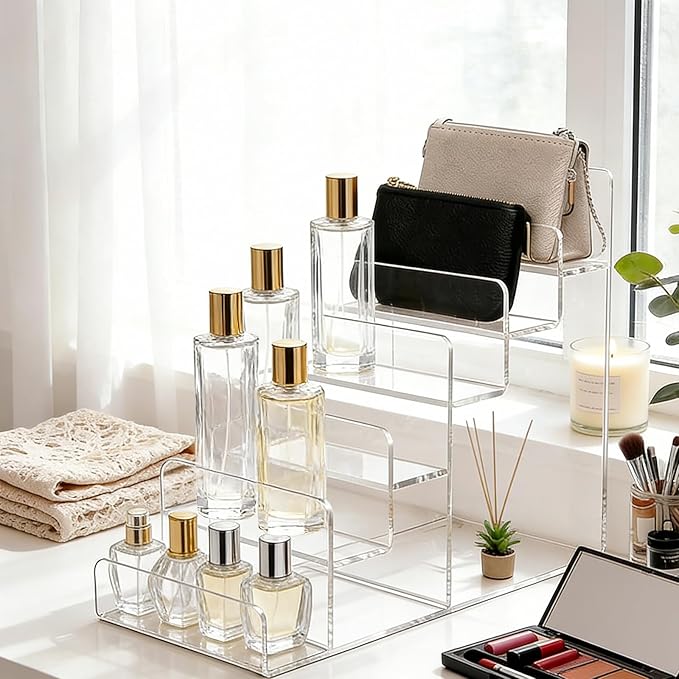 Acrylic Wallet Display Stand Purse Handbag Organizer, Clear Jewelry Riser Display Stand Purse Display Rack, Acrylic Display Shelf for Cosmetic Perfume Jewelry Sunglasses Handbag (2 PCS-6 Tier)