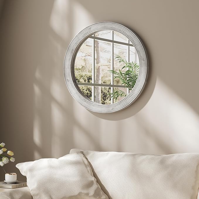 ULIKE Round Rustic Mirror for Bathroom, Farmhouse Mirror with Wood Frame, 24x24 Inch White Vanity Mirrors for Wall Decor of Bedroom or Living Room
