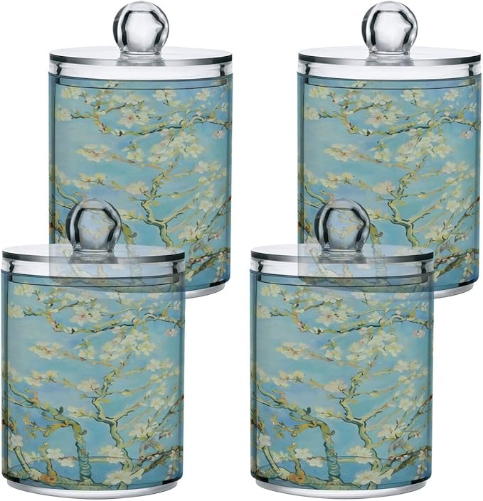 Qtip Holder Dispenser for Cotton Ball, Cotton Swab, Cotton Round Pads Clear Plastic Apothecary Van Gogh Almond Blossom Jar Set for Bathroom Canister Storage Organization, Vanity Makeup Organizer