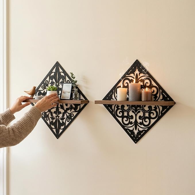 2PCS Metal Carved Window Wall Decor with Wooden Shelf, Black Floating Shelves for Bathroom Wall, Kitchen Wall Decorative Shelves, Creative Shelf for Bathroom Accessories Organizers and Storage
