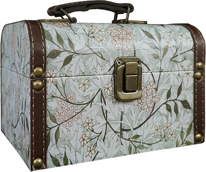 Vintage Decorative Storage Box with Handle, Retro Floral William Morris Keepsake Organizer Chest for Jewelry, Trinkets, Gift Packaging and Home Decor, 7 x 5.6 x 4.7 Inch