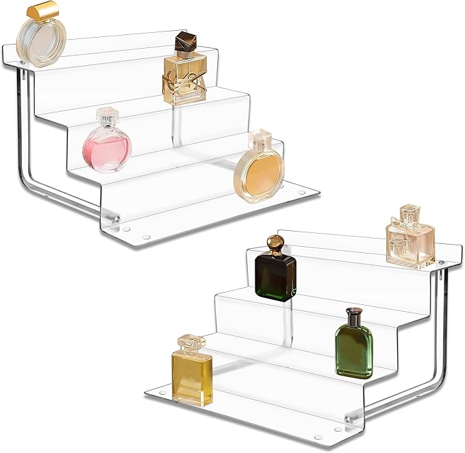AMT Acrylic Riser Display Stand, 100% Acrylic Clear 4-Tier Organizer for Figures, Cupcake, Perfume, Sunglasses (12 inch x 2.4 inch) 2-pack