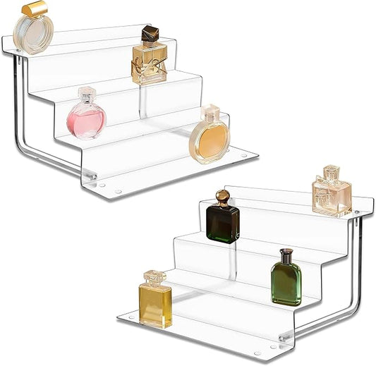 AMT Acrylic Riser Display Stand, 100% Acrylic Clear 4-Tier Organizer for Figures, Cupcake, Perfume, Sunglasses (12 inch x 2.4 inch) 2-pack