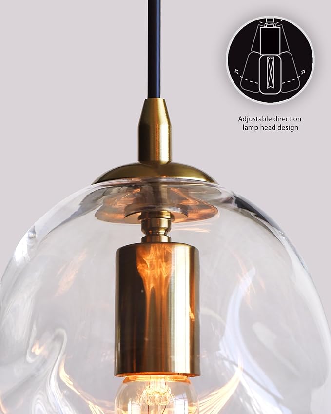 CASAMOTION Pendant Lights Kitchen Island 2 Pack Modern Contemporary Clear Glass Organic Globe Brass Gold Hanging Light Adjustable Cord Bedroom Dining Table Small Medium Lamp 8 Inch Height