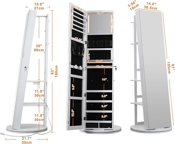 IRONCK 360° Swivel Mirrored Jewelry Cabinet with Full-Length Mirror, Charging Station, Lockable Standing Jewelry Organizer with Rear Storage Shelves, Interior Mirror, LED Lights, White