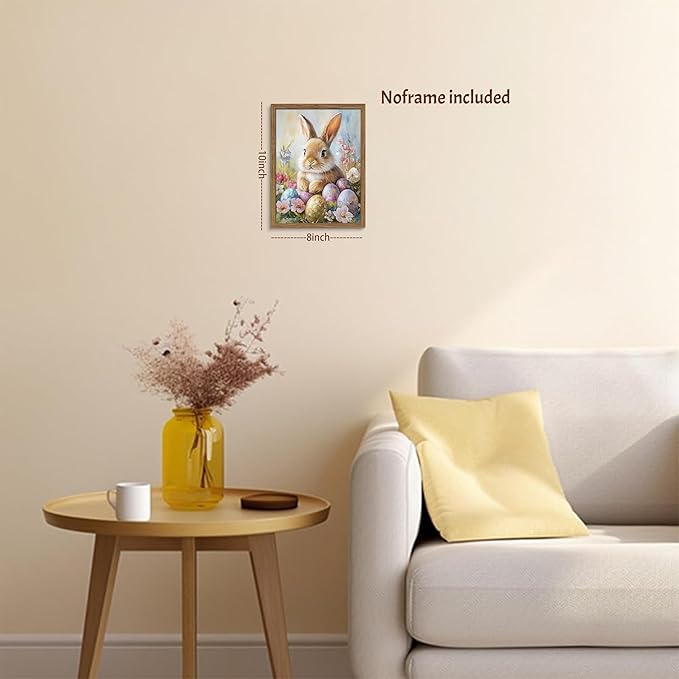Easter Bunny Wall Art Poster, Cute Bunny with Eggs Picture Prints, Vintage Cottage Holiday Theme Canvas Artwork, Modern Farmhouse Wall Decor for Kids Room Bedroom Living Room 12x16in Unframed