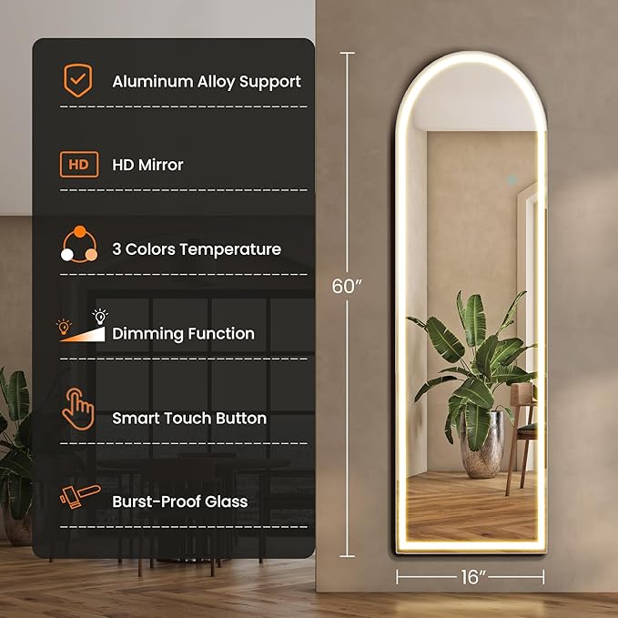 Sweetcrispy Arched LED Full Length Mirror with Stand, 60"x16" Lighted Floor Body Mirror with Dimming & 3 Color Lighting, Hanging or Leaning, Floor Standing for Bedroom, Dressing Room