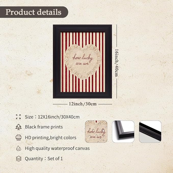 How Lucky Are We Wall Art Red Stripe Affirmation Quotes Poster Coquette Love Lace Heart Canvas Print Fashion Preppy Aesthetic Wall Decor Valentines Day Couple Gift 12X16 inch Vintage Framed