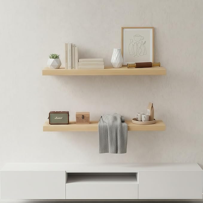 Lufia Floating Wall Shelves, Set of 2, MDF with Invisible Brackets, Modern Storage for Bedroom, Bathroom, Living Room, Kitchen (Oak, 28" W x 7" D x 1.5" H)
