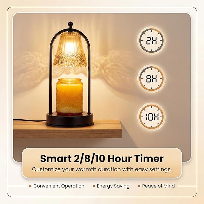 Vintage Rose Candle Warmer Lamp with Timer & Dimmer - Portable Iron Base, Amber Glass Shade, 2 Bulbs Included - Electric Wax Melter for Home Decor (Rose)