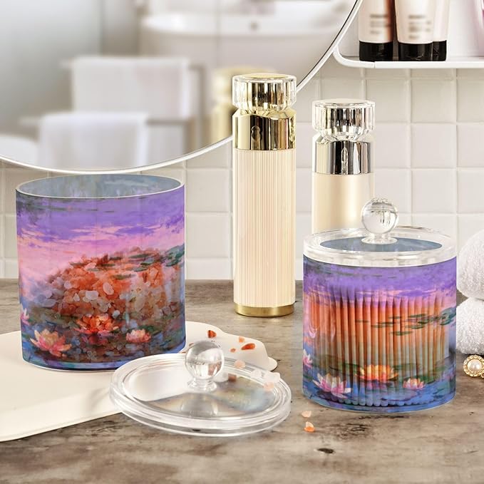 Oil Painting Lake Waterlily Purple Clear Plastic Makeup Organizer Storage with lid Pantry Essentials Decorative small storage bins for Cotton Swabs,Cotton Pads,Floss Picks,Paper Clips,Hair
