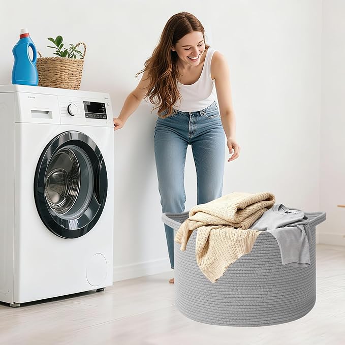65L Large Blanket Basket,Woven Rope Laundry Basket Hamper with Handles,Decorative Nursery Basket Storage Bin for Toys, Pillows , Clothes Organizer, Living Room, Bedroom, Bathroom, Light Gry