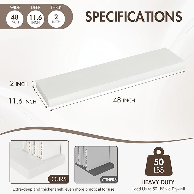 Acovy 48 Inch Floating Shelves, 12" Deep Floating Shelf Wall Mounted, 48" Wall Shelves, Rustic Deep Bookshelf, Extra Deeper & Thicker Display Shelves for Bedroom, Living Room, White, Set of 2