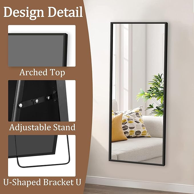 GlasFlength Full Length Mirror with Stand - 56" x 19" Aluminum Alloy Frame Full Body Mirror, Standing Hanging or Leaning Wall Floor Mirror for Bedroom Living Room Dressing Room, Black