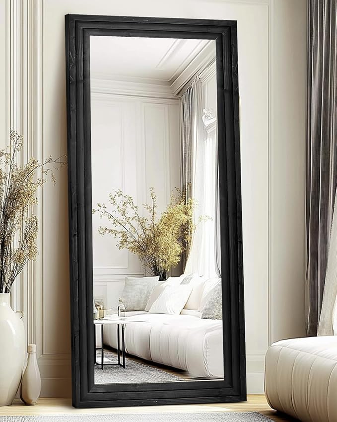 Full Length Mirror 71"x30" Solid Wood Frame Floor Large Mirror for Living Room, Bedroom Hanging or Leaning Wall-Mounted, Black