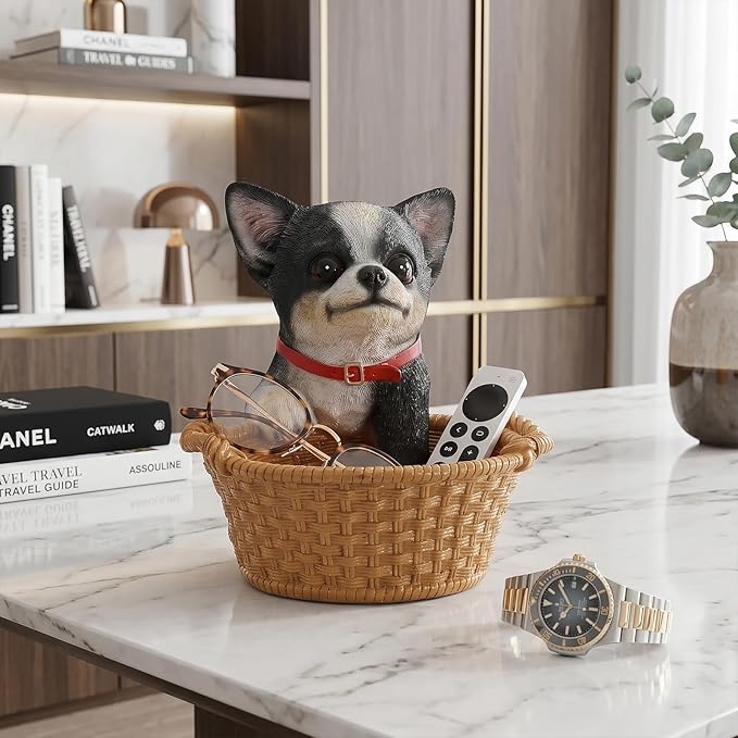 Dog Resin Storage Basket, Desktop Organizer for Remote & Keys, Cute Home Decor Tray, Ideal present for Pet Lovers.(Chihuahua Pied)