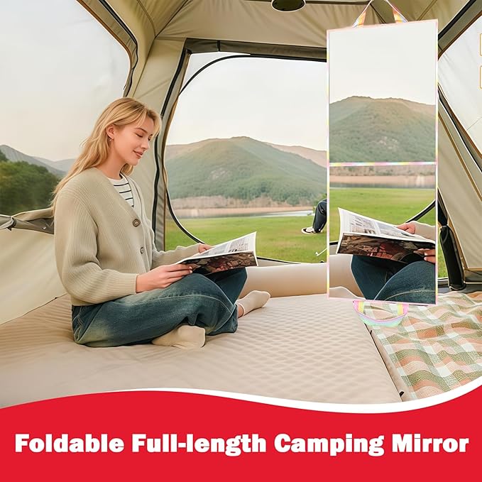 Foldable Full Length Mirror, Hanging Wall Mirror Portable Travel Mirror with Handle for Dance Home Bedroom Wardrobe Stage Makeup Checks Camping Outdoor Use (32.2" L x 12.5" W, Bi-Fold)