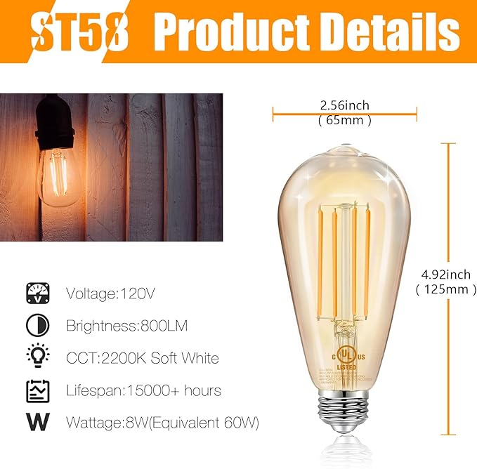 DAYBETTER 16 Pack Vintage LED Edison Bulbs, E26 Led Bulb 60W Equivalent, Dimmable Led Light Bulbs, High Brightness 800 LM Amber Warm 2200K, ST58 Antique Filament Bulbs, Clear Glass Style for Home