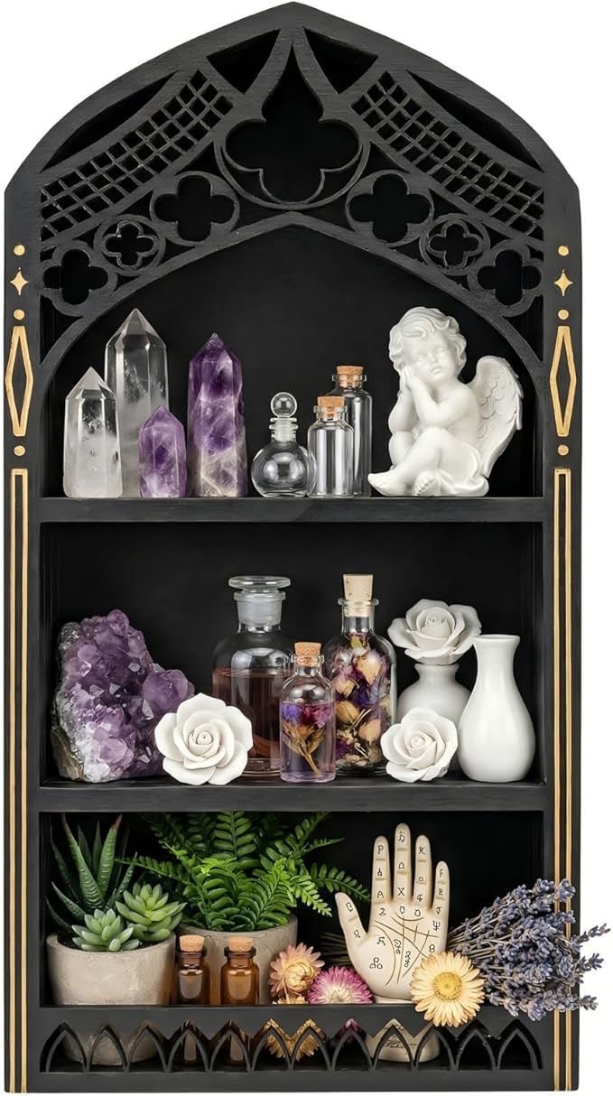 Gothic Window Crystal Display Shelf, 1.96" Deep Wooden Wall Mounted Gemstone Crystal Holder, Witchy Decor Trinket Organizer for Healing Stones -2026 Upgraded (Window-7.9" W x 15.7" H)
