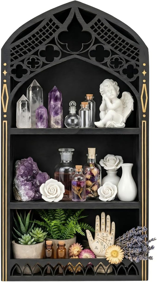 Gothic Window Crystal Display Shelf, 1.96" Deep Wooden Wall Mounted Gemstone Crystal Holder, Witchy Decor Trinket Organizer for Healing Stones -2026 Upgraded (Window-7.9" W x 15.7" H)