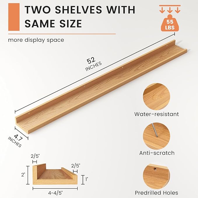 FLYJOE Picture Ledge Shelf, Floating Shelves Set of 2, 52 Inches Nursery Book Shelves for Toys Storage, Kids Bookshelf Wall Mounted for Living Room Bedroom Decor Books Photo Frames, Natural Oak