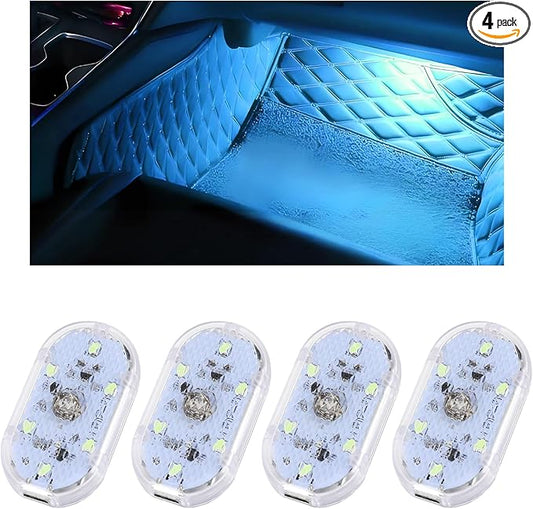 4 PCS Car LED Lights Interior Wireless, Super Bright Auto Interior Ambient Light with 6 Bright LED Lamp Beads, Portable USB Rechargeable Car Led Night Light for Vehicle Decor(Ice Blue)