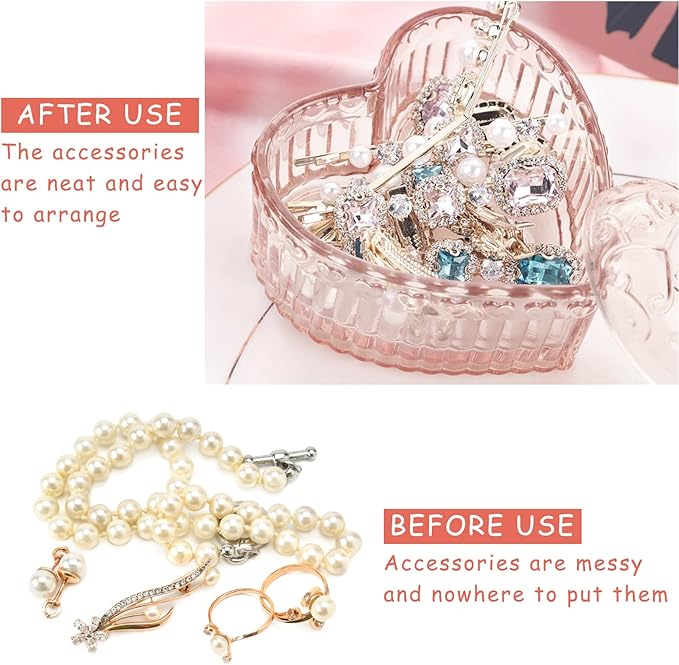 Glass Jewelry Box Heart Shape Cute Box for Storage Ring Earring Trinket Vintage Jewelry Organizer Decorative Gift for Women Girls-GRB003-Pink