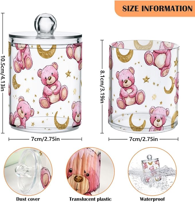 2 Pack Apothecary Jars Teddy Bear Celestial Pink Bathroom Vanity Storage Organizer Set,Small Clear Plastic Storage Jars Bathroom Canister for Cotton Swabs, Rounds, Balls, Qtips,Makeup Sponges,