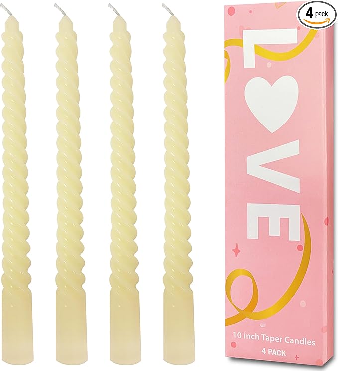 Ivory Spiral Taper Candles, Ivory Taper Candle Set of 4 Unscented Dripless Candlesticks - Long Burning Candles for Home Decor, Wedding, Party