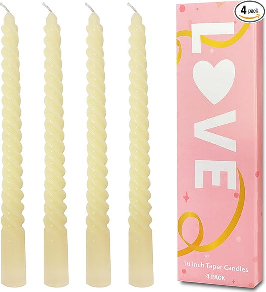 Ivory Spiral Taper Candles, Ivory Taper Candle Set of 4 Unscented Dripless Candlesticks - Long Burning Candles for Home Decor, Wedding, Party