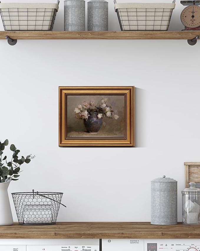 HUARCEY Framed Canvas Wall Art Prints, Bathroom Shelf Vintage Decor Aesthetic, Classical Roses Floral Paintings Farmhouse Wall Decor, Retro Table Desk Decoration for Bedroom Living Room, 8x10Inch