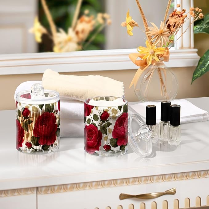 2 Pack Apothecary Jars Plump Red Roses and Bees Bathroom Vanity Storage Organizer Set,Small Clear Plastic Storage Jars Bathroom Canister for Cotton Swabs, Rounds, Balls, Qtips,Makeup Sponges, F