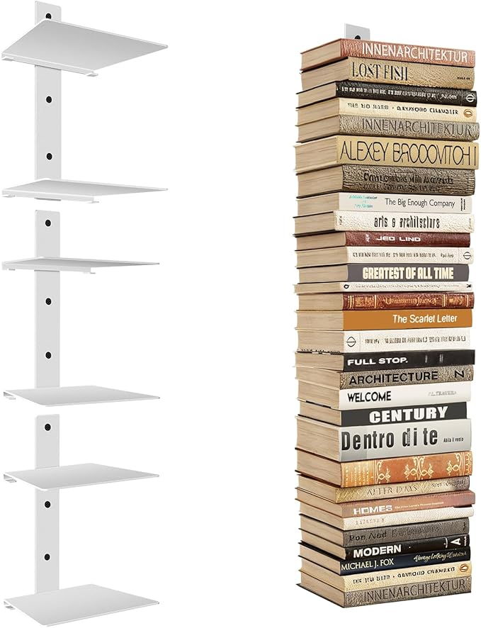 Professional Invisible Floating Book Shelves for Wall, 6 Tier Vertical Spine Book Tower Hanging Bookshelves, Wall Mounted & Space Saving, Heavy Duty Metal Book Organizer for Home Office, 3 Pack White