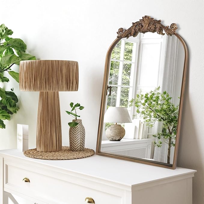 HQiJun Wall Mirror Window Decorative Traditional Vintage Ornate Baroque Mirrors Antique Arched Farmhouse for Living Room Bedroom Entryway Bathroom Vanity (27 * 19 * 1.2, Gold)