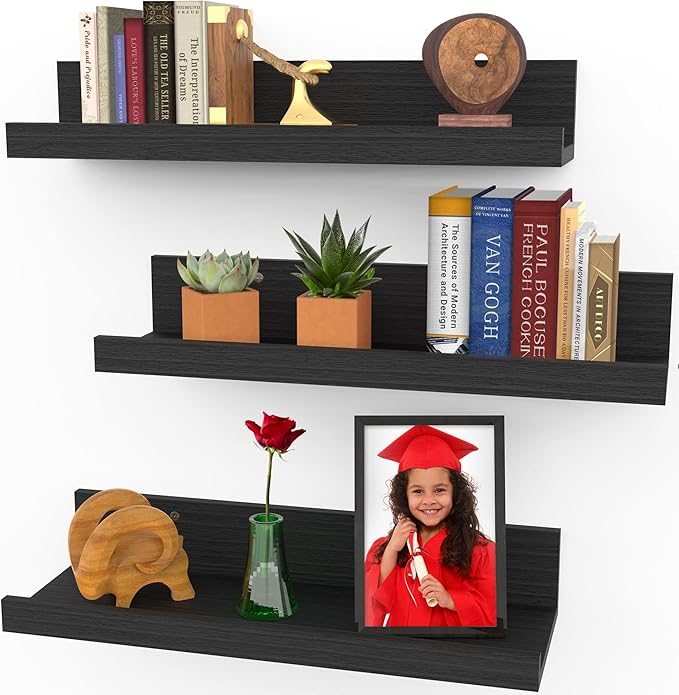 Icona Bay 16 Inch Floating Shelves for Wall - Set of 3 in Ebony Black - Modern Rustic Style - Wall Mounted Display Shelves - Picture Ledges
